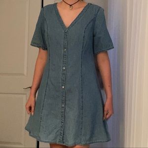 monki blue button up denim v neck mini dress